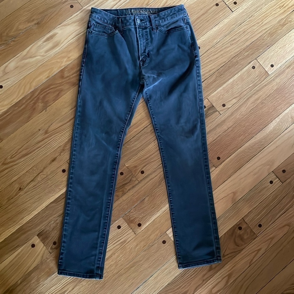 American Eagle 30 x 32 Men Grey Black Denim Jeans Pants Slim 360 Extreme Flex